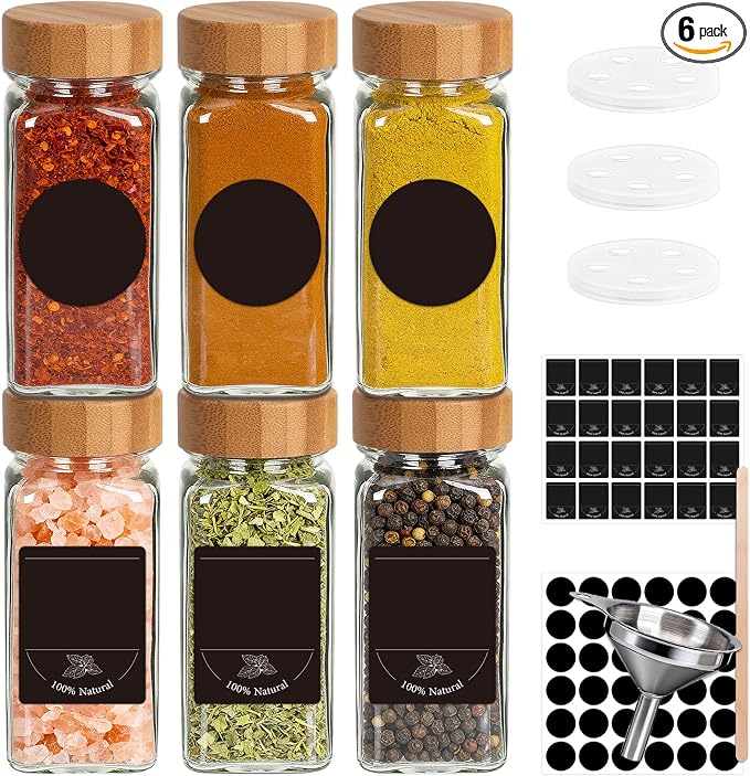 6 Pack Glass Spice Jars with Labels, 4oz Spice Containers with Bamboo Lids | Includes 60 Labels, Metal Funnel, Extra Shaker Lids & Stirring Stick for Kitchen Seasoning Organization