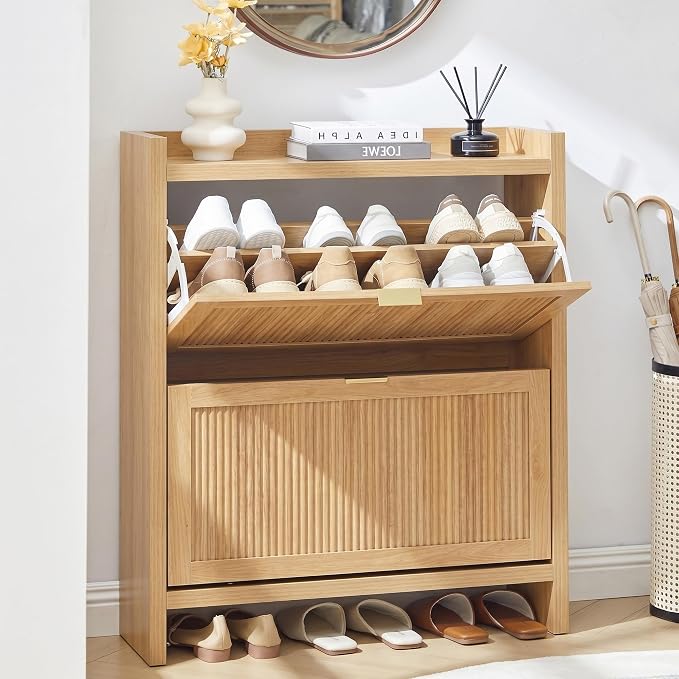 Fluted Shoe Storage Cabinet for Entryway, Farmhouse Narrow Shoe Organizer for Entryway with 2 Flip Drawers, Shoe Dresser for Hallway, Living Room (Natural)