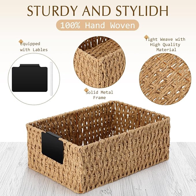 Marsui 6 Pcs Wicker Storage Baskets for Pantry Organization with Labels Handwoven Paper Rope Multi-size Natural Wicker Storage Bins for Organizing Small Baskets Container for Shelves Closet Toilet