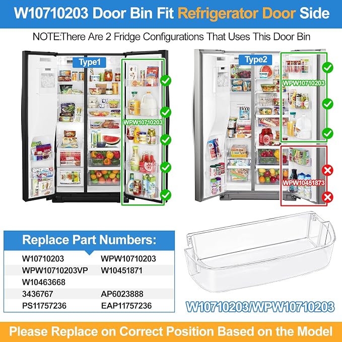 UPGRADED WPW10710203 Refrigerator Door Bin Compatible With Whirlpool Kenmore Refrigerator Door Shelf W10710203 W10451871 Whirlpool Shelf Replacement WRS571CIHZ01 WRS588FIHZ00 WRS571CIHZ04 WRS571CIDM01