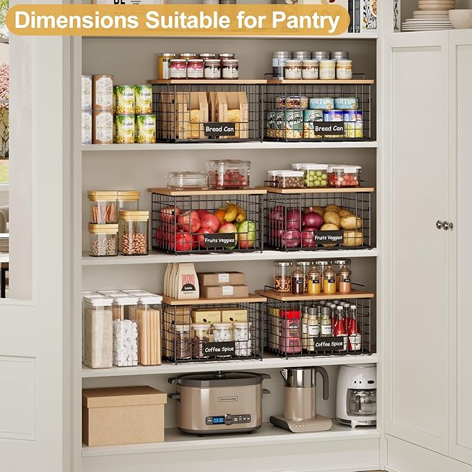 2-Pack Stackable Wire Baskets with 2 Pads & Bamboo Top, Pantry Organizer | Potato and Onion Storage Bin with Labels, Organize Produce/Fruit/Vegetable on Kitchen Counter, Cabinet or Under Sink, XL