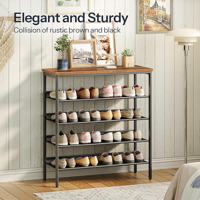 HOOBRO Shoe Rack for Entryway, 5-Tier Shoe Organizer with Adjustable Mesh Shelves, 16-20 Pairs of Shoes, Spacious Floor Mount, Metal, Industrial, Shoe Shelf for Closet, Rustic Brown BF12XJ01