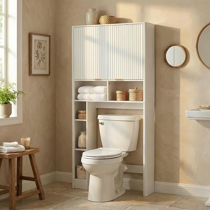 AKMAKM 31" W Over the Toilet Storage Cabinet with Fluted Door, White Bathroom Organizer with Adjustable Shelf, 67''H Tall Toilet Paper Holder Stand Wave Door for Restroom, Laundry Room