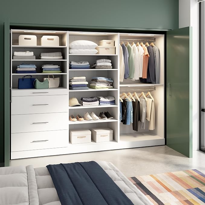 Bestar 107W x 25D Modular Closet Organizer System, Walk-in Closet with LED Lights, Rods, Shelves, and Drawers, Slab Style, Florence Collection, White