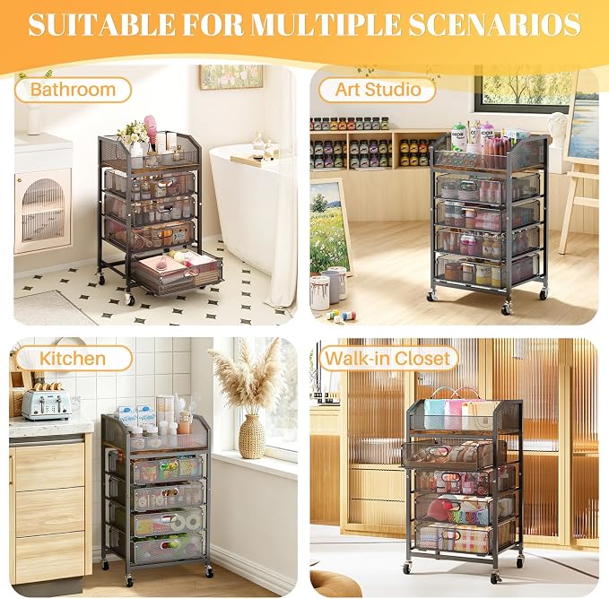 SUNALLY Rolling Makeup Cart Organizer with Drawers, 5-Tier Beauty Vanity Storage Cart for Skincare, Cosmetics, Nail Supplies and Bathroom Essentials, Black