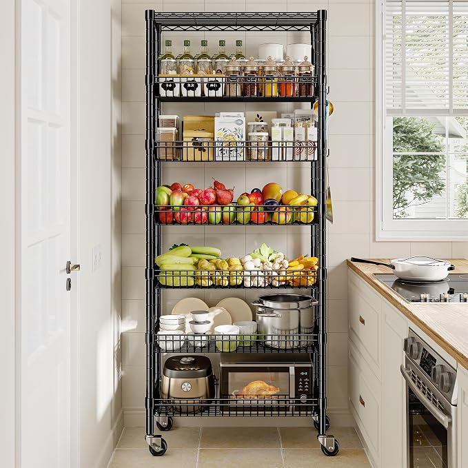 DurayLoly 7-Tier Wire Shelving Unit with Basket Shelf & Locking Wheels, Storage Shelves with Hooks for Space-Saving Kitchen Pantry Bathroom Closet Organizer, 72" H x 30" W x 14" D, Black