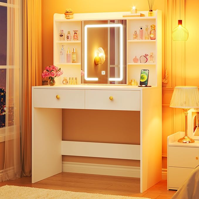 HUAHUU Vanity Desk with Mirror and Lights, 31" Makeup Vanity Desk with Lights 3 Colors, Small Vanity with 2 Storage Drawers & 6 Shelves for Girls Women Bedroom, White