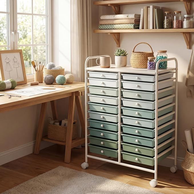 COSTWAY 20-Drawer Rolling Storage Cart, Utility Storage Organizer Cart | For Tools, Scrapbook, Paper, Craft, Multipurpose Storage Trolley on Wheels for Home Office School (Green Gradient)