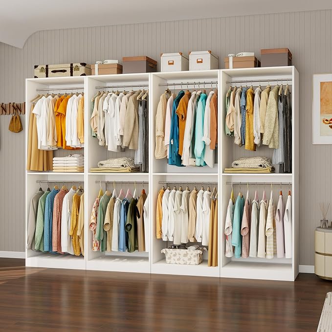 Closet System with 12 Hanging Rods& Shelf , 8FT Small Closet Organizer System Wood with Extra Side Hanging Rod for Walk in Closet Storage, Modular Closet Systems, White(8FT)