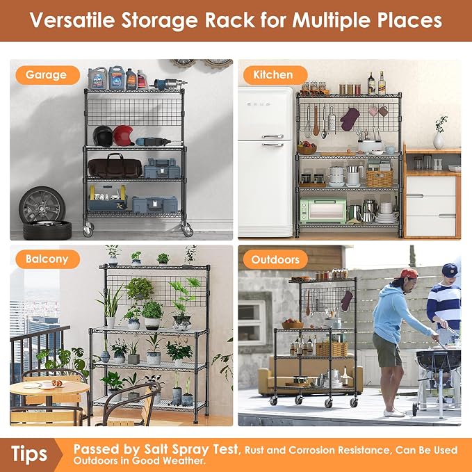 Bakers Rack with Storage & Wheels, 42In Microwave Stand Kitchen Shelves | 4-Tier Heavy Duty Storage Rack with 20 S-Hooks, Commercial Metal Utility Kitchen Cart, 42× 18× 63 Inch, Black