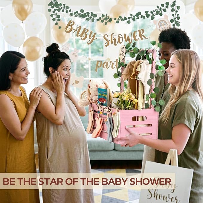 Wooden Baby Shower Crate Closet - Personalized Baby Gift Baskets with Hangers, Large Blush Pink Newborn Shower Crate Box for New Mom Boys Girls