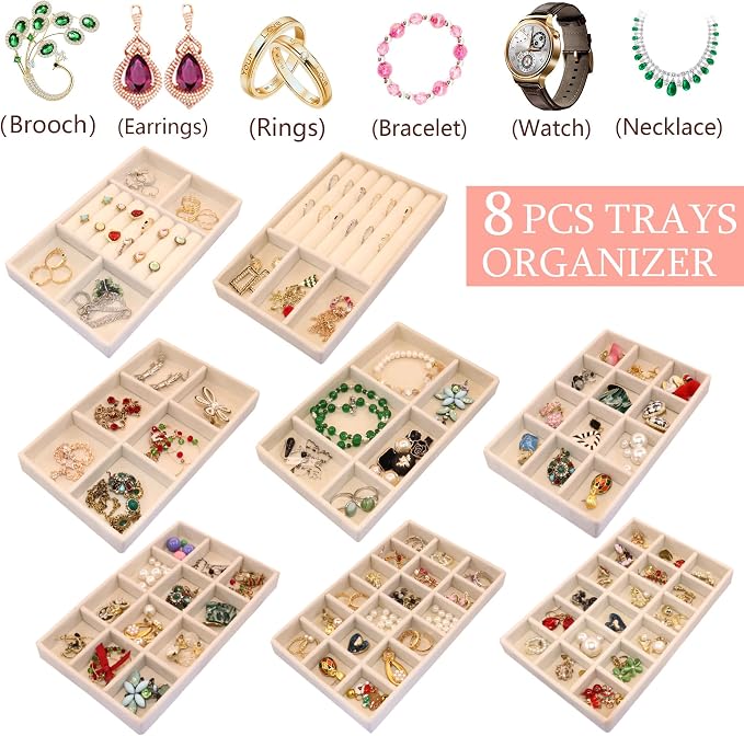 8Pack Jewelry Drawer Organizer Tray Velvet Jewellry Tray Stackable Jewel Storage Case for Earring Necklace Rings Bracelet Watch