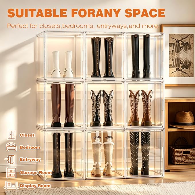 5 Pack XXX-Large Extra Large Acrylic Display Case 17.3'' x 13'' x 13'', Transparent Sneaker Boxes Clear Plastic Stackable Boot & Shoe Boxes Large Showcase for Helmet, Handbag, Figures Collectibles