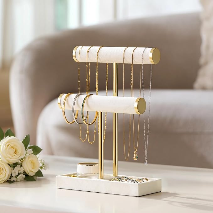 bussdis 2 Tier Bracelet Holder Display - Detachable T Bar Beige Velvet Bracelet Holder, Jewelry Holder Organizer for Bracelet, Necklace, Earrings, Rings