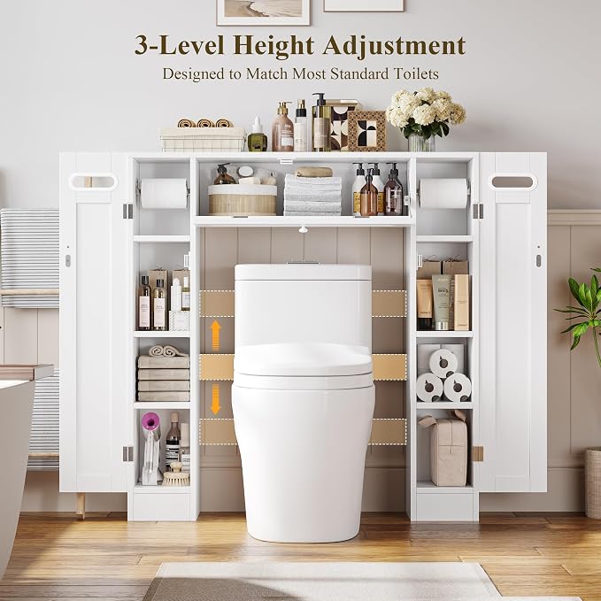 Keyluv Short Over The Toilet Storage Cabinet with Adjustable Shelves, 38.6" Low-Profile Over Toilet Bathroom Organizer with Built-in Paper Holder & Drop-Down Door for Small Bathroom, White
