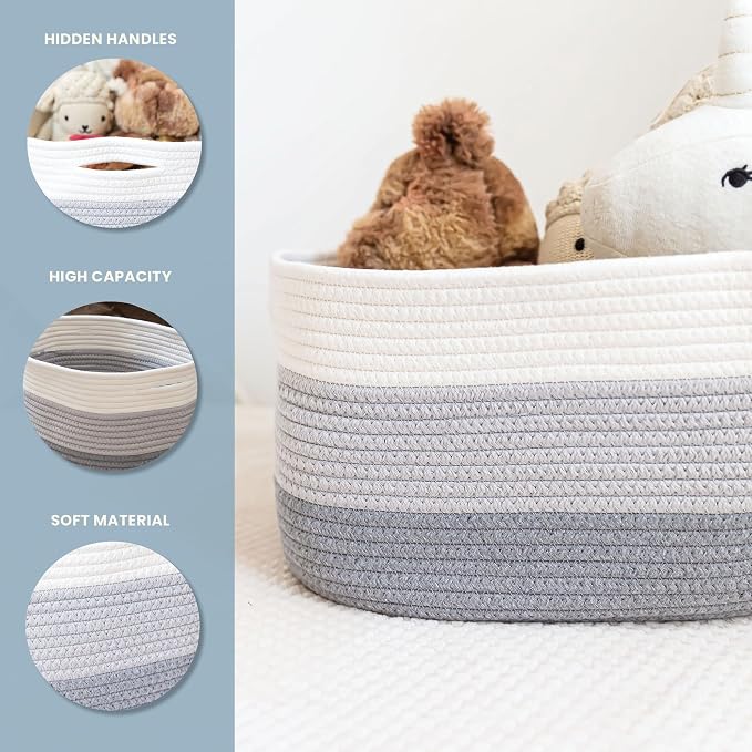 3-Toned Gray Cotton Rope Baskets for Shelves, Set of 3 - 15"×10"×9½" - Woven Storage Baskets for Organizing - Closet, Nursery, Bedroom, Playroom - Toys, Books, Towels, Clothes