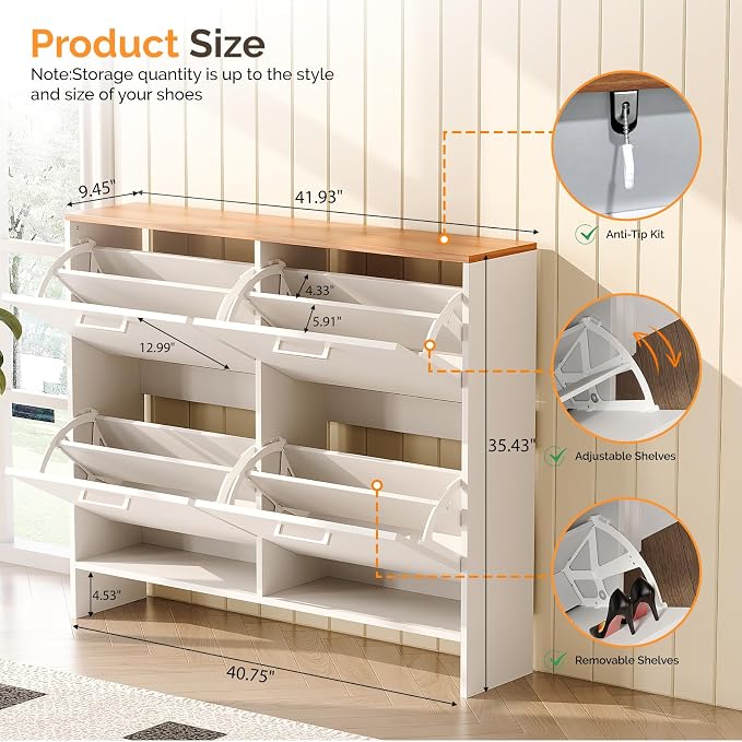 VINGLI Shoe Cabinet for Entryway, Slim Shoe Storage Cabinet with 4 Flip Drawers & Oak Top, Modern Hidden Shoe Rack Organizer, Narrow Shoe Cupboard for Hallway, White, 42 Inch