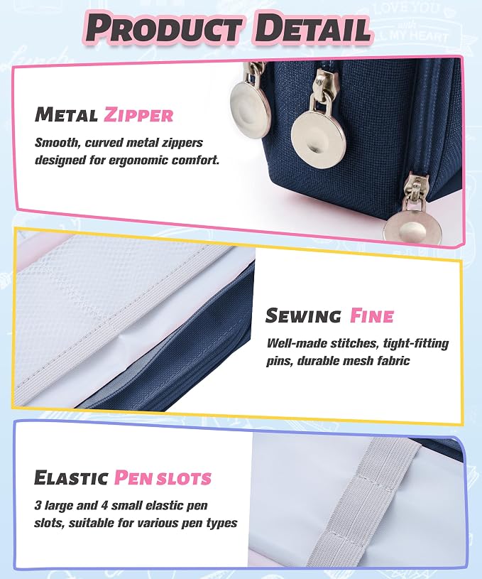 FAHZON Cute Pencil Case, 3 Large Compartments Pencil Pouch, Elastic Pen Slots&Mesh Pockets for Stationery, Pencil Bag for School Supplies with Zipper for Girls Boy Women Teens Adults-NavyBlue