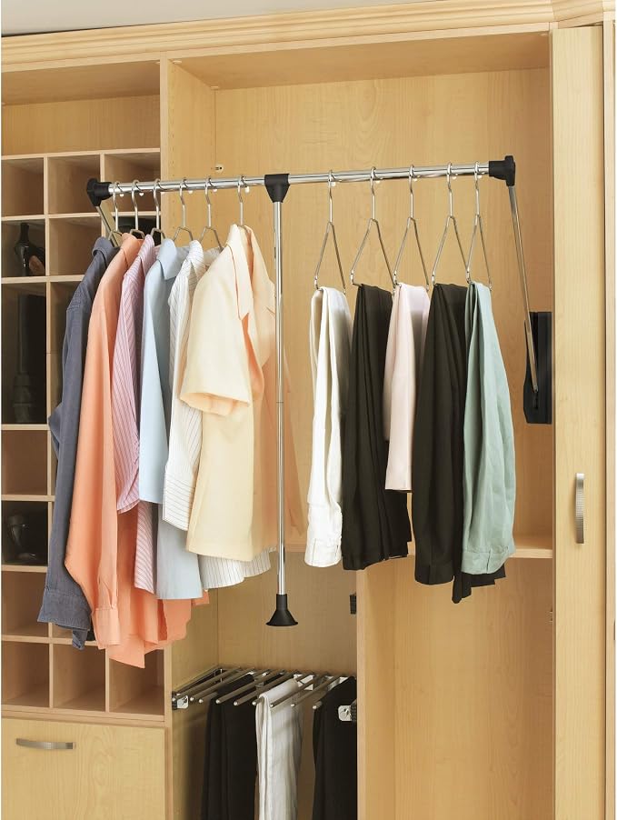 Rev-A-Shelf 35"-48" Pull Down Adjustable Side Mounted Closet Rod with Telescoping Handle for Custom Closet Systems, Min Opening Width of 35", Chrome, CPDR-3548