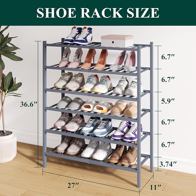 Smiry Bamboo Shoe Rack for Closet, 6 Tier Wooden Shoe Organizer, Stackable Wood Shoe Storage Shelf for Entryway, 14 Vertical Slats, 3+3 Stack Heavy-Duty Legs, 26.77"x11.02"x36.61", Grey