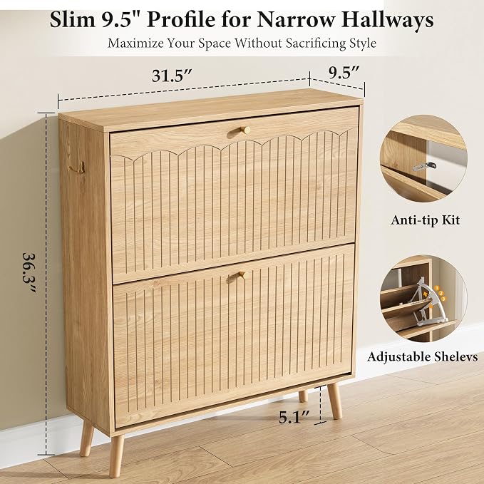Nicetree Shoe Cabinet Storage for Entryway, 2-Flip Drawer Narrow Shoe Rack with 3-Level Adjustable Shelves, Slim Wood Storage Cabinets for Small Spaces Luminous Natural Oak