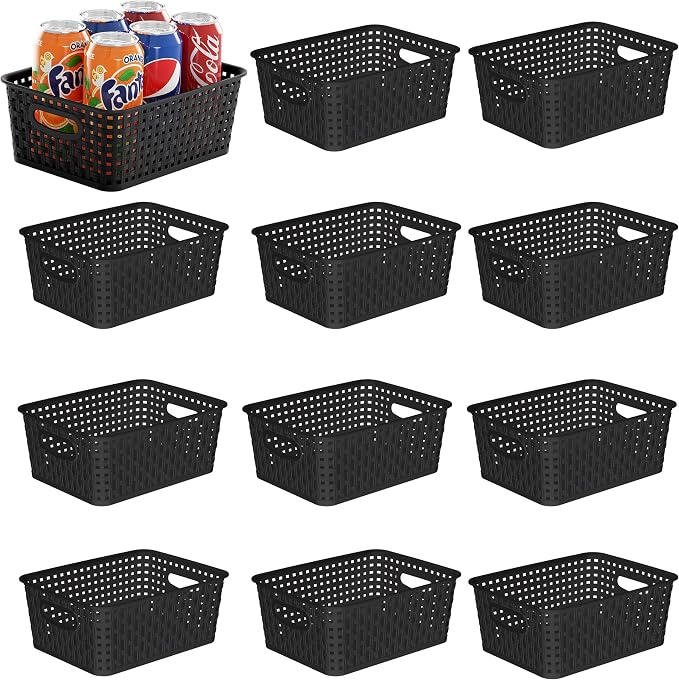 Black Storage Baskets, 12-Pack Stackable Plastic Woven Basket Organizer and Storage, Pantry baskets for Shelves, Cabinets, Classroom, Kitchens, Bathrooms, Countertops and Bedrooms