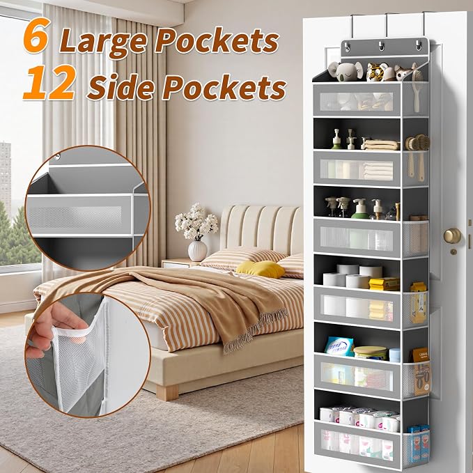 6-Tier Over The Door Organizer with Large Pocket, Over the Door Storage 12 Side Pockets, Hanging Door Organzier 44 lb Load Behind Door Storage Hanging Shelf for Closet Wall Bathroom Nursery, Grey