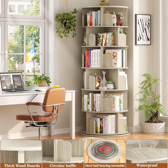 Aheaplus 6 Tier Rotating Bookshelf, Wood Spinning Bookshelf Tower, Round Revolving 360 Bookcase, Narrow Turning Book Shelf Rolling Corner Organizer for Small Space, Bedroom, Office, White Oak
