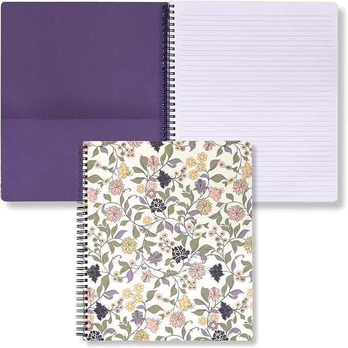 Steel Mill & Co Cute Floral Large Spiral Notebook College Ruled, 11" x 9.5" with Durable Hardcover and 160 Lined Pages, Purple Vine Ditsy