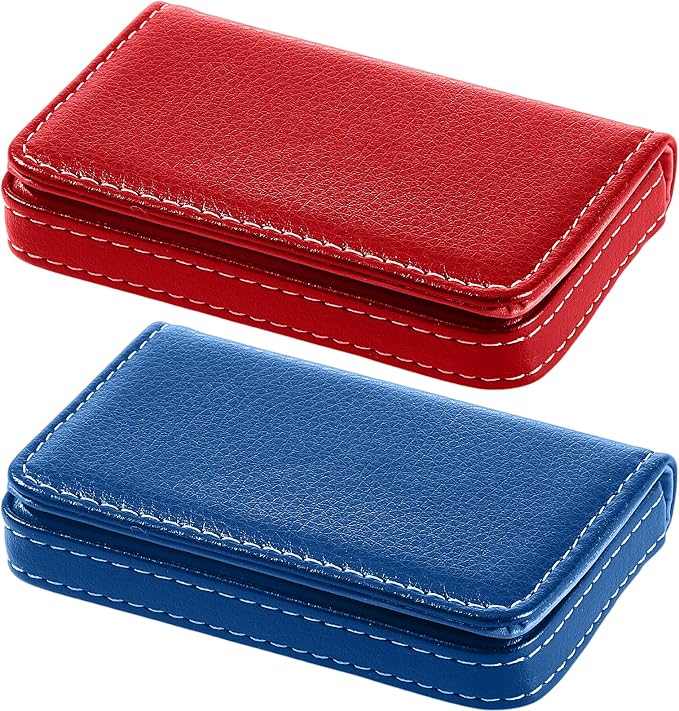 Outus 2 Pcs Business Card Holder, PU Leather Business Card Case Pocket Wallet with Magnetic Shut for Christmas Gift Adult(Blue and Red)