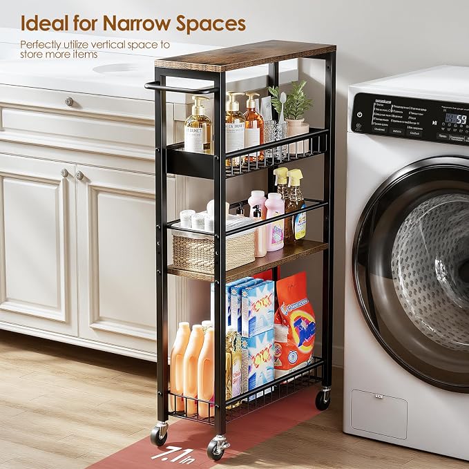 Slim Rolling Storage Cart, 4 Tier Narrow Storage Cart, 7.1in(W) | Metal Kitchen Rolling Cart for Small Spaces, Narrow Shelf for Kitchen, Laundry Room, Bathroom, Living Room