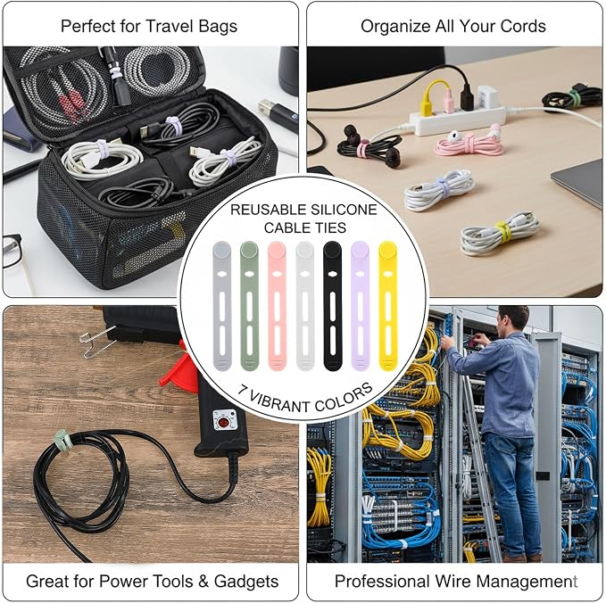 21 PCS Silicone Cable Ties Reusable Data Cable Organizer Silicone Ties Cord Keeper Organizer for Office, Multipurpose Elastic Cables Wire Tie for Bundling Fastening Earphone Phone Charging Cords
