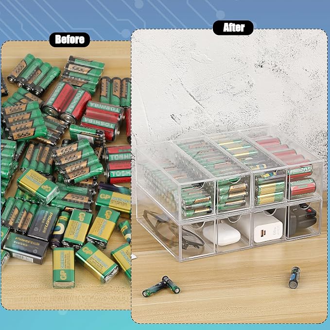 BTSKY Clear Acrylic Battery Storage Organizer for AA, AAA, 9V, C Batteries | 4-Drawer Storage Box Battery Holder Organizer for Common Types Batteries, Household Container, 1 Pack(Batteries Not Included)