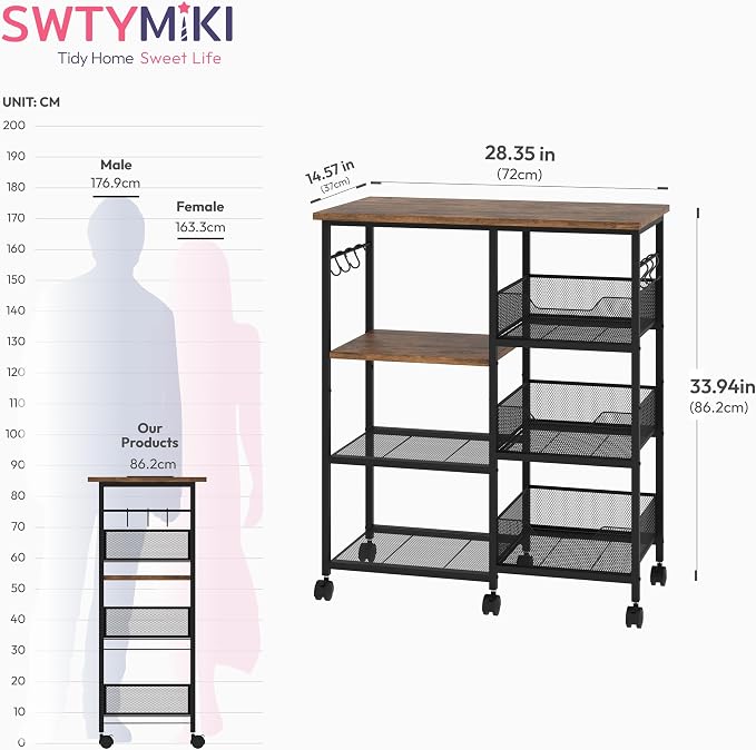 SWTYMIKI Kitchen Island Cart on Wheels - 28.35x14.57in Rolling Kitchen Table Cart with Storage Shelves, 6 Removable Hooks& Locking Casters, Coffee Bar Cabinet for Dining Room Pantry Office, Espresso