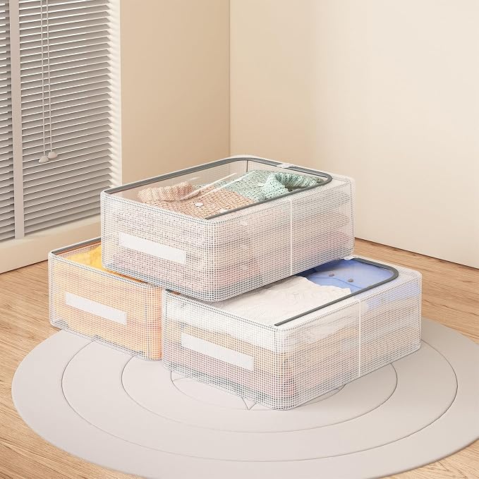 3 Pack Clear Shoe Closet Organizer for Boots Sneaker, 15.8" x 11.8" x 6" | Steel Frame, Waterproof PVC Cloth, Stackable Storage Boxes Bins for Under-Bed, Bedroom Dormitory