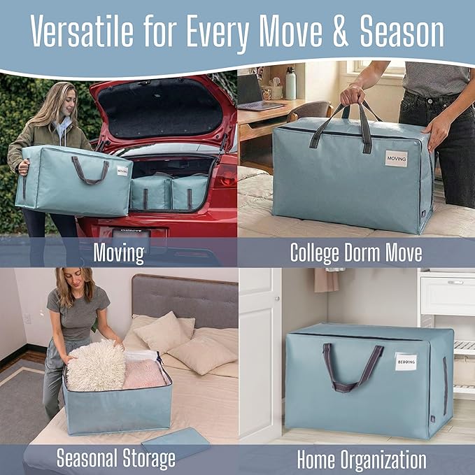 VENO 8 Pack Extra Large Heavy Duty Moving Bags with Wide Opening & Reinforced Handles, Reusable Storage Tote Bags with Strong Zippers for Clothes, College Dorm Essentials & Moving Supplies