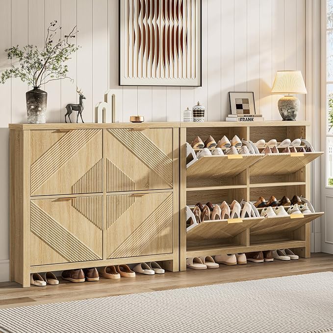 Shoe Cabinet with 4 Flip Drawers & Symmetric Groove Pattern for Entryway | 44.5''W x 9.2''D x 39.4'' Natural Oak Fit for 16-24 Pairs of Shoes Slim Narrow Shoe Storage Cabinet for Hallway Living Room