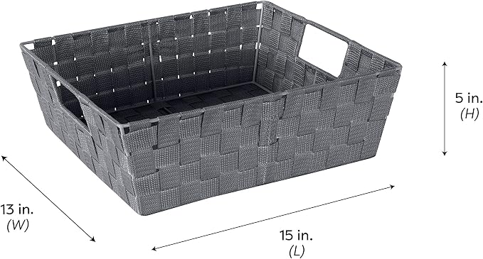 Simplify Large Shelf Woven Strap Tote | Decorative Storage Basket | Built in Handles | Organization | Closet | Bedroom | Bathroom | Nursery | Accessories | Toys | Gifts | 2 Pack | Grey