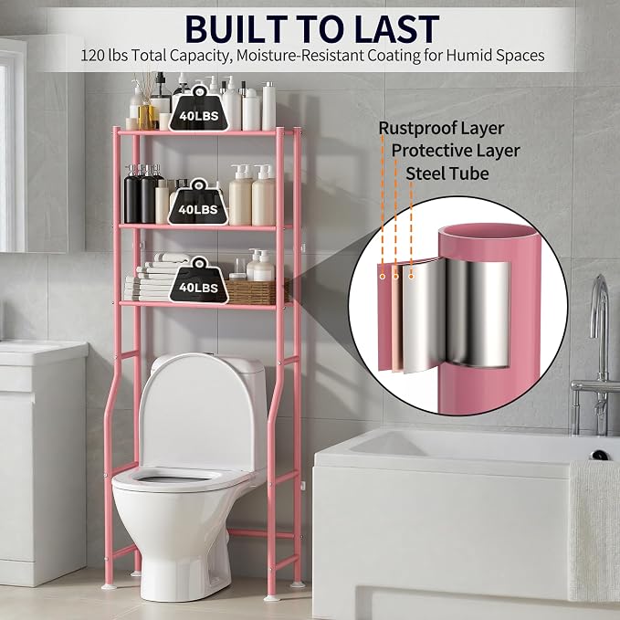 3-Tier Over The Toilet Storage, Freestanding Metal Bathroom Shelves, Space Saver Above The Over Toilet Storage Shelf for Bathroom (Pink)