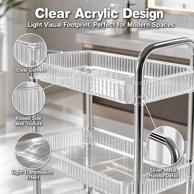 3 Tier Rolling Cart with Lockable Wheels, Clear Acrylic Slim Utility Cart, 13" x 8.3" x 26" Narrow Storage Organizer for Bathroom, Kitchen, Office - Lightweight & Tool-Free Assembly (Clear)
