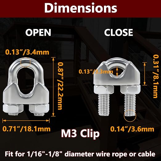 20PCS 1/8 Inches M3 Stainless Steel Wire Rope Cable Clip Clamp