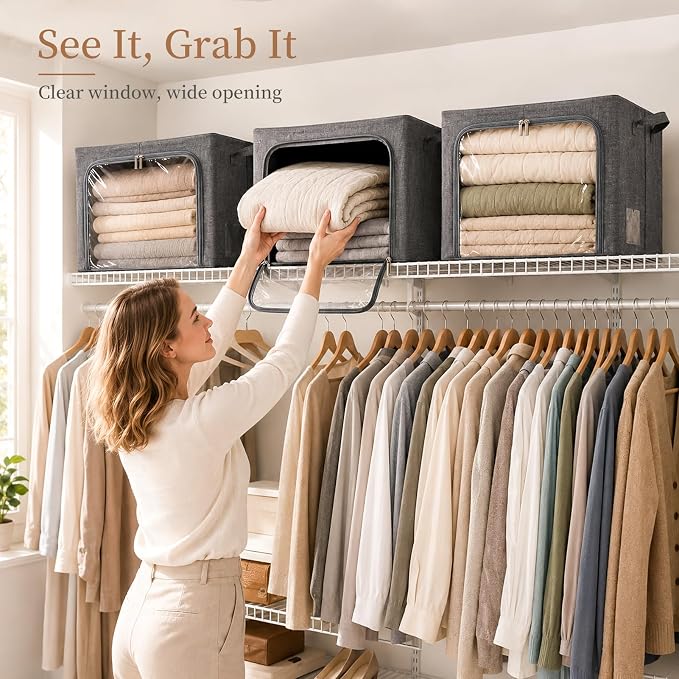 GoMaihe 3 Opening Clothes Storage Bins with Metal Frame, 40L Sweater Storage Organizer for Upper Shelf Closet Storage Boxes with Clear Window for Hoodies Jeans Towel 3-Pack Grey
