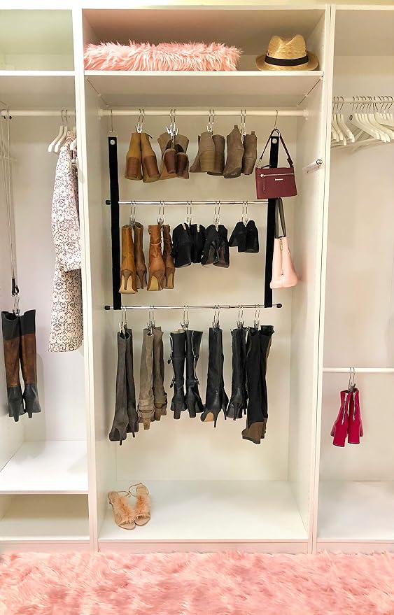 Deluxe 12-Pair Hanging Boot Storage - Double Decker Boot Caddy Includes 12 Boot Hangers (Boot Organizer, Boot Hanger, Boot Storage System) (Silver Rack System with 12 Boot Hangers)