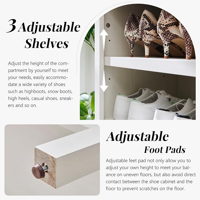 IFGET 71" Tall Arched Shoe Storage Cabinet, 7 Tiers 28 Pairs Wooden Shoe Rack with 3 Adjustable Shelves, Freestanding Shoe Closet Shelf Organizer for Entryway, Hallway, Living Room (Antique White)
