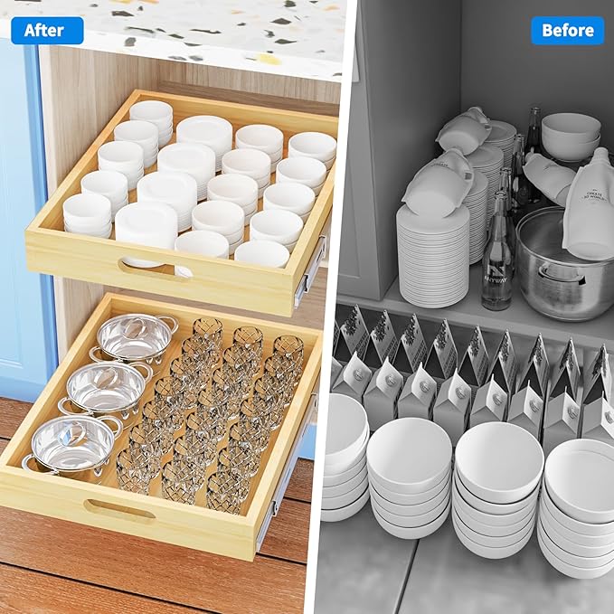 2 Set Pull Out Cabinet Organizer, Soft Close Slide Out Wood Drawer Storage Shelves for Kitchen, Base Cabinet Organization for Pantry, Finished, Heavy-Duty, Bottom Assembly (18” W x 21” D)