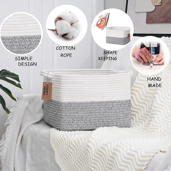 COMFY-HOMI Cotton Rope Woven Basket with Handles for Shelves,Toys,Book, Cloth Storage Baskets Bin for Organizing- 1 PCSToy Decorative Organizer for Living Room, Bathroom