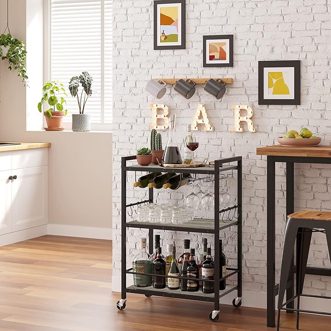 TUTOTAK Bar Cart with Wheels, Drink Cart with Wine Rack and Glass Holder | 3-Tier 23.7 Inch Wide Home Bar Serving Carts, Small Mobile Kitchen Shelf with 6 Hooks, Greige BC01BG030
