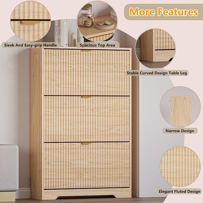 BORNOON Entryway Shoe Cabinet with 3 Flip Drawers, Narrow Shoe Organizer Cabinet with Fluted Panel and Adjustable Shelves for Foyer, Hallway