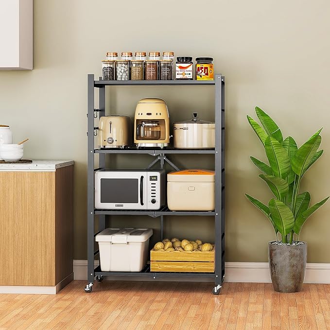 Fenbeli Foldable Shelves with Wheels - 4 Tier Folding Shelf, Collapsible No Assembly Metal Shelving Unit, Origami Storage Shelves & Rolling Storage Rack with 8 Hooks for Kitchen Pantry Garage