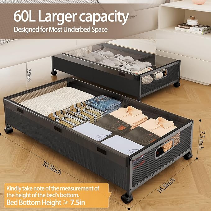 KITHELP Under Bed Storage Containers with Wheels, 2 Pack Underbed Shoe Storage Organizer with Removable Lids, Large Rolling Under Bed Storage Dresser Drawers for Clothes Toys Shoes Blankets